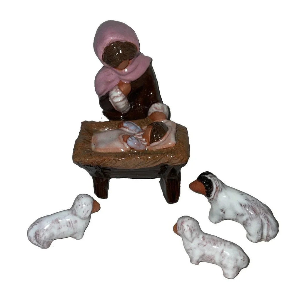 Vintage Mexican Folk Art Nativity Hand Painted Clay Mother Mary Baby Jesus Lambs